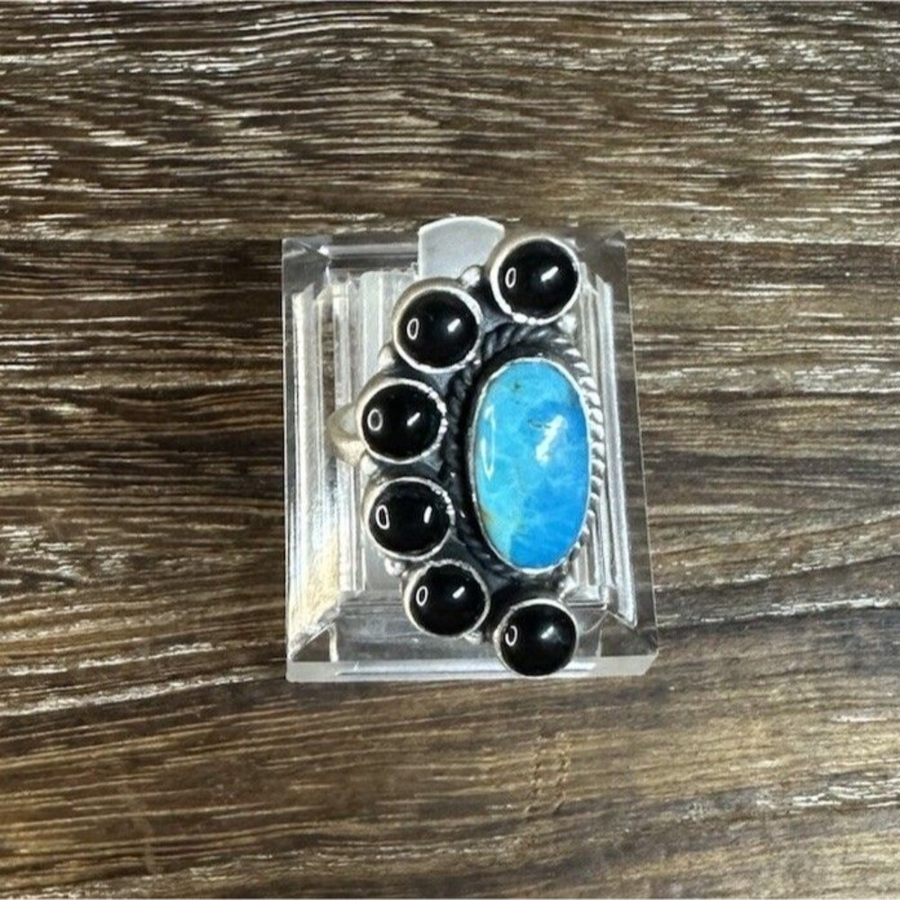 Southwest Style 925 Sterling Black Onyx/Kingman Turquoise Cluster Ring 6.75 Adj